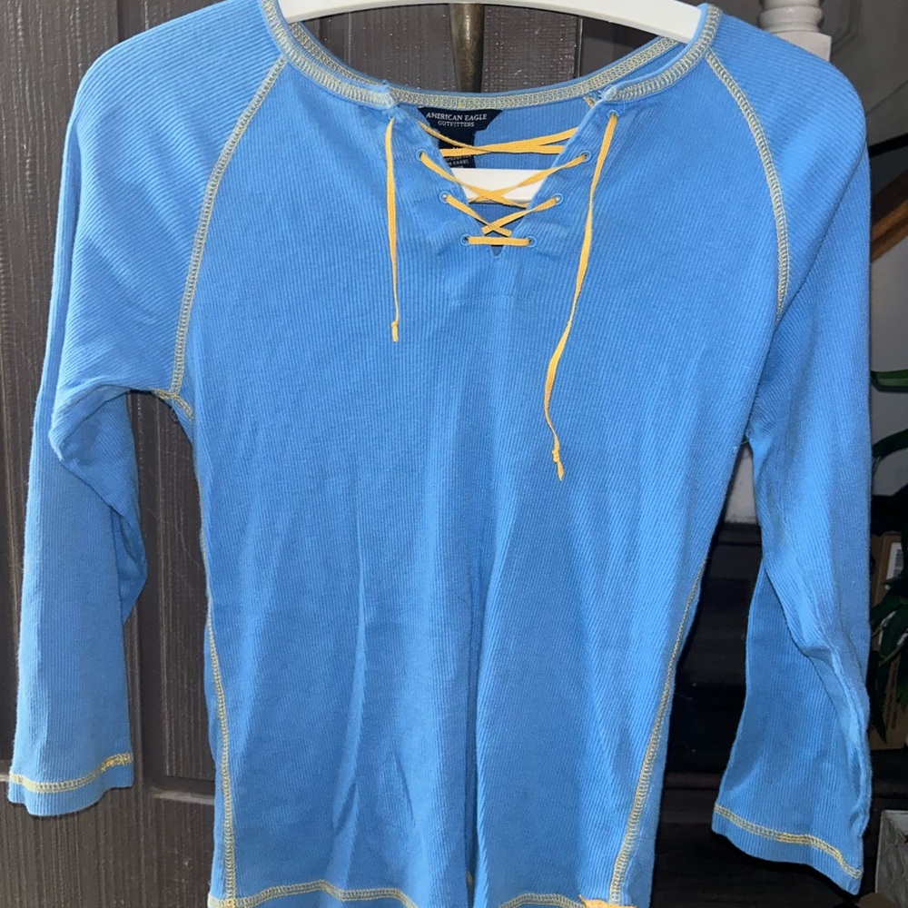 American Eagle Outfitters Blue Long Sleeve Lace-Up Top